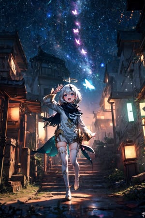 a girl in the forest in a shirt and cape, flying in the air,blush, smile, short hair, open mouth, bangs, blue eyes, tights, long sleeves, dress, hair between the eyes, white hair, :d, sky, night, stars, butterflies, scarf, white dress, white thigh, starry sky, halo, single thigh, waving, halo on the head, paimon, golden details on clothes, particles, green fireflies, (((MULTICOLOR))) ( genshin impact),(((FULL BODY)))
photon mapping
more details
16k, HDR, cg, 3d, maintains maximum image details, photography, high resolution, Anti Aliasing,