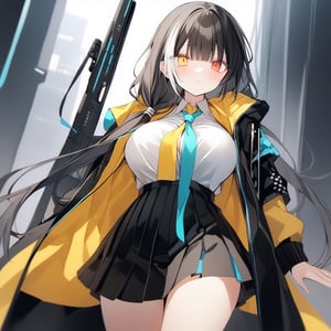 masterpiece, best quality, 1girl, ro635 \(girls' frontline\), girls' frontline, artist:nabi \(uz02\), heterochromia, orange_eyes, yellow_eyes, large breasts, weapon