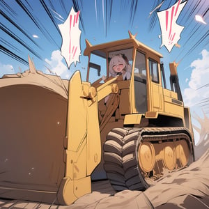 masterpiece, best quality, 1girl on bulldozer, sky, emphasis lines