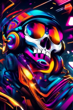 A dramatic, high-contrast, illustration of a T-shirt design, a smoking skull, oversized headphones.  oversized sunglasses, and its mouth is curved into a cool, laid-back smile. Vector style design, futuristic cyberpunk, grainy music video. harmony colorful. 4 color.