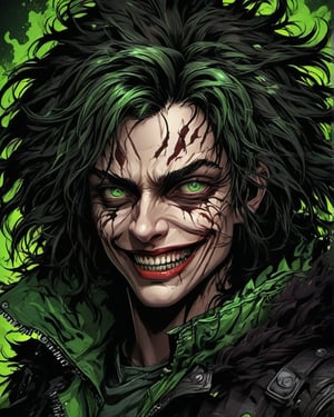 Highly detailed, vector style art, digital illustration of a menacing character with a sinister smile. The subject has pale skin, exaggerated facial features, and glowing green eyes. The character's long, wild hair is dark with streaks of vibrant colors, adding to the chaotic appearance. They are wearing a textured, dark leather jacket with spikes and intricate patterns. The background is dynamic, filled with swirling, colorful energy trails that enhance the intense and eerie atmosphere of the image. The overall style is dark and fantastical, with a focus on dramatic lighting and vivid colors.