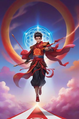  a little Chinese boy, short black hair, red light armor, walking on the clouds in the sky , right hand raised, (((holding flams metal long spear in his right hand))),  left hand across chest , circle,(((holding circle in his left hand))), sparks and surges, good and clear facial features, (((step hot wheels , red strips of cloth are flying around, red strips embrace his silhouette))), the background and feet are sea of the clouds, geometric pattern aperture behind him, cinematic, ultra realistic, （((light red aura flower of life as read geometry background))), frong_view, Sci-fi, Leonardo Style, high_mountain, glowing aura, light particles,magic circle, energy spiral, fantastic atmosphere, fantastic sense of light, bloom, Bioluminescent, liquid, ((rainbow_cloud))