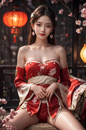 A girl , kpop idol, yae miko, bare shoulders, long hair, wearing transparent , best quality, (hair ornament:1.35), jewelry, earrings, cherry blossoms, lantern light, depth of field, detailed face, face focus, ribbon_trim, (looking at viewer:1.25), nontraditional miko, shiny skin, long sleeves, big smile , thick lips, hands on lips, (blurry background:1.2), sitting, from below, Chinese style, ((seated with spread legs and exposed entire private parts, Put hands behind waist)), ((With every thrust in and out, her body was intoxicated with crazy desire)), on the bed, Premium bed, comfortable bed, 