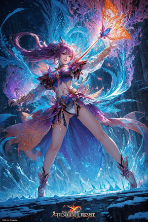 (masterpiece, top quality, best quality, official art, beautiful and aesthetic:1.2), (1girl), extreme detailed,(abstract, fractal art:1.3),colorful hair,highest detailed, detailed_eyes, fire, water, ice, lightning, light_particles, ghost, flaming butterfly, splashing, Ice and snow, Thunder and lightning,((full body)), from below, Sexy poses, dancing poses, sword swinging poses, Smile, under the moonlight,1 girl
