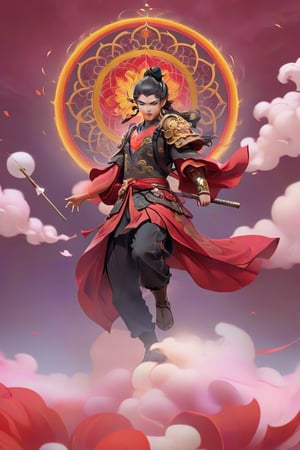cinematic, ultra realistic, a little Chinese boy, short black hair, lighting as part of human body, red armor, ((holding weapon with spear on fire)), ((Wearing a golden circle from the left shoulder to the right side of the knee)), sparks and surges, good and clear facial features, (((light red aura flower of life as read geometry background))), ready to print, vibrant, Sci-fi, Leonardo Style, high_mountain, (step hot wheels), glowing aura, (red strips of cloth are flying around, red strips embrace his silhouette), light particles,magic circle, (floating_aura:1.4), energy spiral, fantastic atmosphere, fantastic sense of light, science fiction, bloom, Bioluminescent, liquid, floating_fragments:1.3, (depth_of_field:1.4), mythical clouds, ((rainbow_cloud))