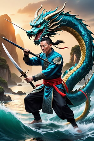fighting posture, sea, a 28y man, with dragon ears and tail, Chinese style , action shot, drew a sword, highly detailed, psychedelic realism, vibrant colors, surreal, Holding a spear,Masterpiece, photo, 8k, darkart,CHINESE DRAGON,darkart,Stylish, facial details