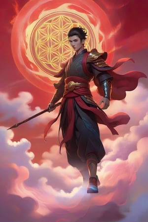 a little Chinese boy, short black hair, red light armor, walking on the clouds in the sky , right hand raised, (((holding flams metal long spear in his right hand))),  left hand across chest , circle,(((holding circle in his left hand))), sparks and surges, good and clear facial features, (((step hot wheels , red strips of cloth are flying around, red strips embrace his silhouette))), the background and feet are sea of the clouds, geometric pattern aperture behind him, cinematic, ultra realistic, （((light red aura flower of life as read geometry background))), frong_view, Sci-fi, Leonardo Style, high_mountain, glowing aura, light particles,magic circle, energy spiral, fantastic atmosphere, fantastic sense of light, bloom, Bioluminescent, liquid, ((rainbow_cloud)),mythical clouds