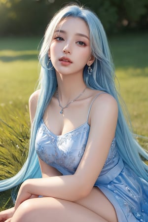 photorealistic, masterpiece, best quality, raw photo,medium distance, 1girl, solo, long hair, sky blue hair, detailed face, alluring face, long frog covering legs, medium breasts, sitting pose on red grass, looking upward at the sky,holding pencil in hand that touching lips,from below, detailed background, fine detailed, intricate detail,  ray tracing, depth of field, low key, silver necklace holding in mouth,hdr,Color Booster, 