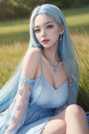 photorealistic, masterpiece, best quality, raw photo,medium distance, 1girl, solo, long hair, sky blue hair, detailed face, alluring face, long frog covering legs, medium breasts, sitting pose on red grass, looking upward at the sky,holding pencil in hand that touching lips,from below, detailed background, fine detailed, intricate detail,  ray tracing, depth of field, low key, silver necklace holding in mouth,hdr,Color Booster, 
