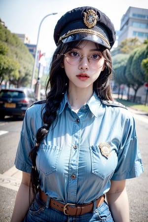 (((masterpiece))),(((long eyelashes and eyeliner))),(((beautiful))),(((ultra realistic)))





1girl,long hair,breasts,looking at viewer,blue eyes,brown hair,shirt,hat,white shirt,braid,outdoors,parted lips,solo focus,collared shirt,belt,blurry,huge breasts,uniform,twin braids,lips,blurry background,sunglasses,pocket,pouch,realistic,round eyewear,breast pocket,tinted eyewear,badge,police,police uniform,impossible shirt,policewoman,looking over eyewear,aviator sunglasses