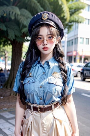 (((masterpiece))),(((long eyelashes and eyeliner))),(((beautiful))),(((ultra realistic)))





1girl,long hair,breasts,looking at viewer,blue eyes,brown hair,shirt,hat,white shirt,braid,outdoors,parted lips,solo focus,collared shirt,belt,blurry,huge breasts,uniform,twin braids,lips,blurry background,sunglasses,pocket,pouch,realistic,round eyewear,breast pocket,tinted eyewear,badge,police,police uniform,impossible shirt,policewoman,looking over eyewear,aviator sunglasses