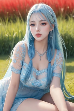 photorealistic, masterpiece, best quality, raw photo,medium distance, 1girl, solo, long hair, sky blue hair, detailed face, alluring face, long frog covering legs, medium breasts, sitting pose on red grass, looking upward at the sky,holding pencil in hand that touching lips,from below, detailed background, fine detailed, intricate detail,  ray tracing, depth of field, low key, silver necklace holding in mouth,hdr,Color Booster, 