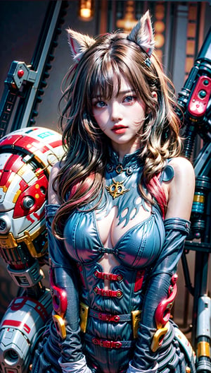 Beautiful women with cat like ears wearing a suit (bodysuit) that is a tight fit. medium breasts, slime thicc, multicolor eyes,, multicolor hair, 2 girls, perfect image unfolds with 8k resolution,mecha,midjourney