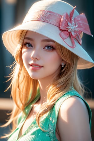 (best quality,4k,8k,highres,masterpiece:1.2),ultra-detailed,(realistic,photorealistic,photo-realistic:1.37),portraits,beautiful detailed eyes,beautiful detailed lips,extremely detailed eyes and face,longeyelashes,1girl,blonde hair, pink hat,blue shirt,smiling expression,natural light,soft shadows,fine texture,subtle colors,gentle background,subtle highlights and shadows,vibrant colors,feminine features,lively pose,serene atmosphere