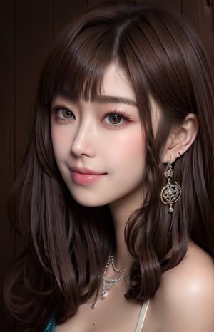 1girl, solo, looking at viewer, smile, medium long hair, brown hair, simple background, brown eyes, jewelry, upper body, earrings, brown eyes, realistic, necklace, lips, nose, portrait,VIVI3