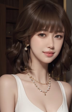 1girl, solo, looking at viewer, short hair, bangs, simple background, brown hair, bare shoulders, brown eyes, jewelry, collarbone, upper body, nude, breasts, earrings, necklace, lips, portrait, realistic, nose, smile,VIVI2