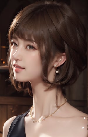 1girl, solo, looking at viewer, short hair, bangs, simple background, brown hair, bare shoulders, brown eyes, jewelry, collarbone, upper body, nude, breasts, earrings, necklace, lips, portrait, realistic, nose, smile,VIVI2