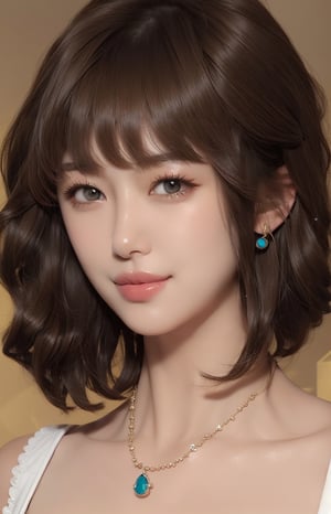 1girl, solo, looking at viewer, short hair, bangs, simple background, brown hair, bare shoulders, brown eyes, jewelry, collarbone, upper body, nude, breasts, earrings, necklace, lips, portrait, realistic, nose, smile,VIVI2