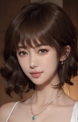 1girl, solo, looking at viewer, short hair, bangs, simple background, brown hair, bare shoulders, brown eyes, jewelry, collarbone, upper body, nude, breasts, earrings, necklace, lips, portrait, realistic, nose, smile,VIVI2