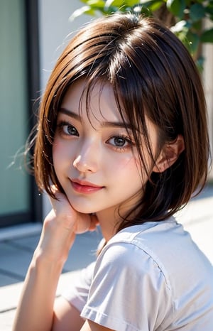 1girl, solo, looking at viewer, delicate face, beautiful face, smile, short hair, brown hair, shirt, brown eyes, white shirt, upper body, lips, head rest, realistic,Cute