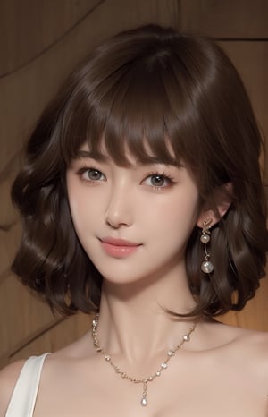 1girl, solo, looking at viewer, short hair, bangs, simple background, brown hair, bare shoulders, brown eyes, jewelry, collarbone, upper body, nude, breasts, earrings, necklace, lips, portrait, realistic, nose, smile,VIVI2