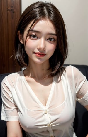 1girl, solo, looking at viewer, delicate face, beautiful face, smile, short hair, brown hair, shirt, brown eyes, white shirt, upper body, lips, head rest, realistic,Cute