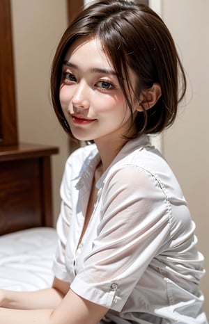 1girl, solo, looking at viewer, delicate face, beautiful face, smile, short hair, brown hair, shirt, brown eyes, white shirt, upper body, lips, head rest, realistic,Cute