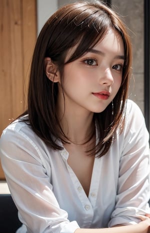 1girl, solo, looking at viewer, delicate face, beautiful face, smile, short hair, brown hair, shirt, brown eyes, white shirt, upper body, lips, head rest, realistic,Cute