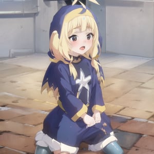 1 girl, solo, carmesí eyes,ahoge, long sleeves, blue eyes, confusion, open legs, blushing, accident , masterpiece, masturbating with a dildo, loli, ilegal, nude, heavily blushing, Komekko in horse