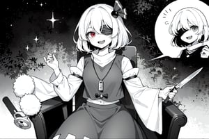  short hair, open mouth, monochrome, greyscale, comic, chair, loli. solo, looking at viewer, smile, short hair, c cosmic background, withe hair, shirt, long sleeves, space background, holding, weapon, cookie_(touhou), necklace ,hair cookie ornament, White blindfold, a red eye, knife , The Blind girl Who Sees Everything, white hair