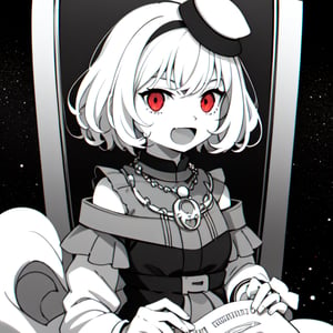  short hair, open mouth, monochrome, greyscale, comic, chair, loli. solo, looking at viewer, smile, short hair, cosmic background, withe hair, shirt, long sleeves, space background, holding, necklace , a red eye ,  white hair, padoru meme