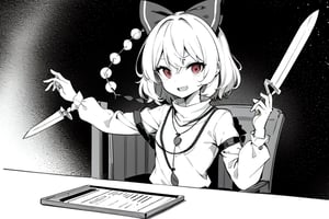  short hair, open mouth, monochrome, greyscale, comic, chair, loli. solo, looking at viewer, smile, short hair, c cosmic background, withe hair, shirt, long sleeves, space background, holding, weapon, cookie_(touhou), necklace ,hair cookie ornament, White blindfold, a red eye, knife , The Blind girl Who Sees Everything, white hair