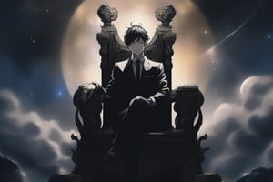 A man in a suit sitting on top of a throne. The background landscape is the universe itself. His face cannot be seen completely and the letters "The fool" in the background on the top of the throne. anime style image. half of the face obscured by the mysteries of the universe and a smile appears through the mist, black mist, smile arrogance 