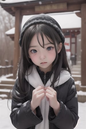 shrine,snowfall,1girl,10 years old,black long hair,big eyes,small month,glum,perfect,