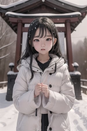 shrine,snowfall,1girl,10 years old,black long hair,big eyes,small month,glum,perfect,