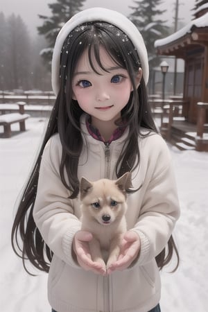 shrine,snowfall,1girl,10 years old,black long hair,big eyes,small month,happy,perfect,