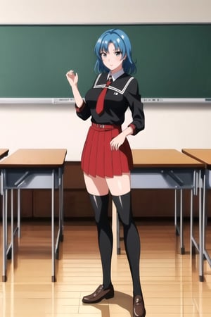 ((masterpiece))  ((high quality)) 
((beautiful details)),(( perfect focus)), (( high resolution)), ((exquisite texture in every detail)),

((1girl)) ,((solo)),((maki)) brown eyes, large breasts, athletic , tanned, slim, blue hair
((medium hair))
teen, young
long hair,(Hands:1.1) ,better_hands,long legs,  slim,shiny skin,shiny hair, smile 

((looking at the viewer))

cowboy shot
red necktie, 
red skirt,
shirt, 
long sleeves,
school uniform, 
pleated skirt, 
black vest,
red skirt, 
red necktie
((standing, full body))
((black thigh highs))
 brown shoes,,((classroom)),
((cowboy shot, from side))