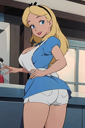 MILF, big boobs, big butt, big ass, big thigh, short shorts, white shirt, long pale blond hair, show cleavage,

adult, 30 years old, (masterpiece:1), (best qualit:1), (high resolution:1), alice liddell, blue dress, white apron, black hairband, smile, looking at viewer, alice liddell,alicew,Milf,mature female,Disneystyler