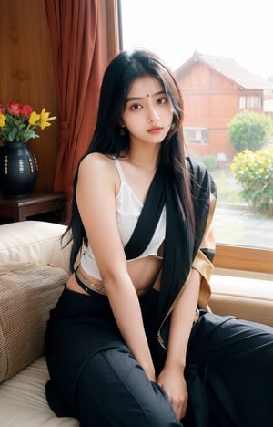 beautiful cute young attractive indian teenage girl, village girl, 18 years old, cute, Instagram model, long black_hair, colorful hair, warm, dacing, in home sit at sofa, indian , she wrore saree