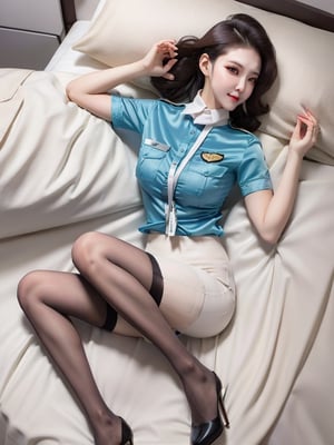 1 fat flight crew with beautiful face, hair spread out, wearing blue stain shirt and (white pencil skirt), silk scarf, flight badge, wearing black pantyhose, high heels, lying on back, from above, on bed, 4K resolution, best quality, sunlight