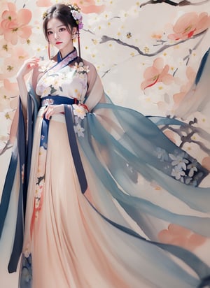 1 (slim:1.4) traditional beauty, elegant, charming, wearing (hanfu), (breast-high ru skirt:1.2), warm color dressing style, sheer, look through, black hair, delicate accessory, (solo:1.5), masterpieces, best quality, high resolution, bright scene, soft color, low contrast, (ink painting floral background:1.7), (blurred background, Chinese background:1.2), ru skirt, (less exposed:1.2)