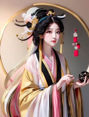 1 (slim:1.4) traditional beauty with (big breasts), elegant, charming, wearing (hanfu:1.2), (pink color dressing) style, sheer, look through, (black hair:1.8), (solo:1.3) with head, masterpieces, best quality, high resolution, bright scene, soft color, low contrast, (golden circle outline:1.1), (blurred background),