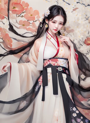 1 (slim:1.4) traditional beauty, elegant, charming, wearing (hanfu), (breast-high ru skirt:1.2), warm color dressing style, sheer, look through, black hair, delicate accessory, (solo:1.5), masterpieces, best quality, high resolution, bright scene, soft color, low contrast, (ink painting floral background:1.7), (blurred background, Chinese background:1.2), ru skirt, (less exposed:1.2)