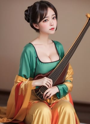 1 curvy traditional lady with cleavage, (hold a Lute and playin:1.2), charming and relaxing, wearing (Tangfu:1.3), (round neck:1.2), green shirt, red and colorful skirt, embroidery, warm color dressing style, (chignon haircut), (look at viewer:1.1), (solo:1.4), masterpieces, best quality, (high resolution), sharp, bright scene, soft color, low contrast, (blurred background), 