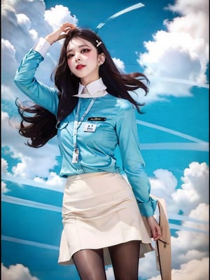 1 slim lady with beautiful face, long hair, black hair, wearing blue (stain) shirt and white pencil skirt, silk scarf, name tag, flight badge, hairpin, standing, black pantyhose, from below, sunlight, high contrast, outdoor, cloud, (airplane above:0.1), wind, 