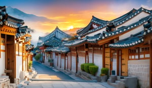 Traditional korea village, real world, stone road, blue roof tiles, traditional architecture, trees, in the mist, sunset glory, slating shadow, wide angle shot, no human, masterpieces, best quality, high resolution, bright scene, soft color, dark background, blurred background 