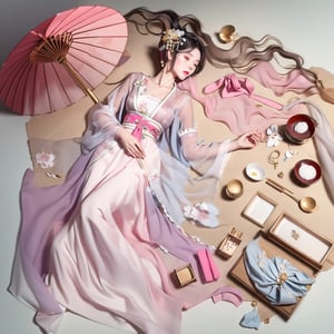 A (slim:1.4) ancient Chinese beauty with breast, lies on the ground, with long hair and (pink dressed) in thin, sheer, look through, elegant traditional clothing. Beside her, neatly arranged, are her delicate parasol, handkerchief, bellyband, sachet, folding fan, wooden powder box, mirror, hairpin, fragrance sachet, handkerchief, jewelry, tea cup, and colorful personal belongings. full body, birds eye view, (eye closing:1.3)