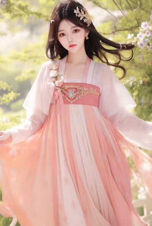 1 slim beautiful lady, elegant, charming, wearing pink (BreastHighRuSkirt), (with head:1.2), standing, black hair, delicate accessory, hair ornament, upper body,  (cowboy shot:1.3), (solo:1.1), masterpieces, best quality, high resolution, bright scene, soft color, low contrast, (floral background)