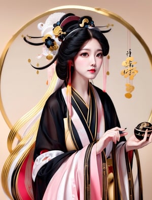 1 (slim:1.4) traditional beauty with (big breasts), elegant, charming, wearing (hanfu:1.2), (pink color dressing) style, sheer, look through, (black hair:1.8), (solo:1.3) with head, masterpieces, best quality, high resolution, bright scene, soft color, low contrast, (golden circle outline:1.1), (blurred background),