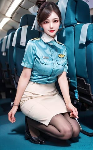 1 slim flight crew with beautiful face, single hair bun hair, black hair, wearing blue (stain) shirt and white pencil skirt, silk scarf, name tag, flight badge, hairpin, (kneel down), black pantyhose, super bright scene, from front,